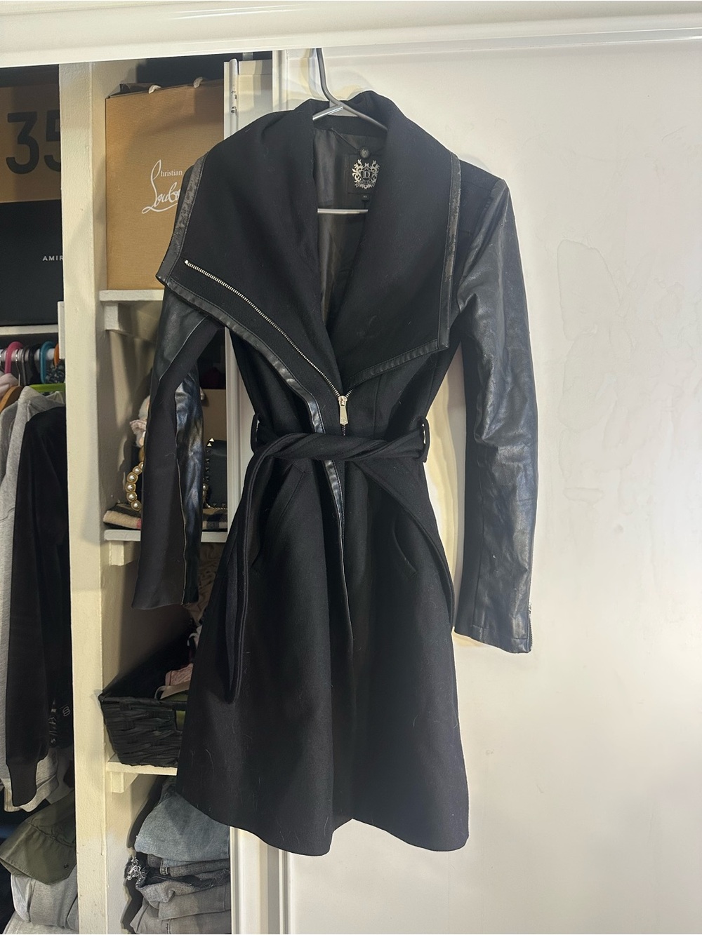 Dawn Levy Black Wool Trench Coat with Leather Sleeves